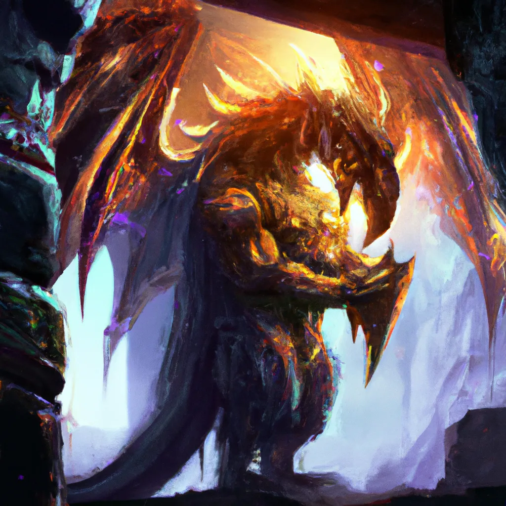 Prompt: Mythological zmei in front of a glowing cave, extreme detail, high clarity, digital art 