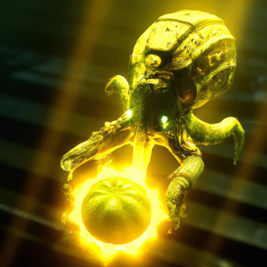 Prompt: A spectacular 3D render of a humanoid Cthulhu, Fabergé radioactive lemon, that shots a futuristic laser, at an hostile alien army. Dramatical rays of light, skeumorphism, ultra high quality, unreal engine, super realism, shot on Nikon 80 mm, H.R. Giger, John Atkinson Grimshaw, M.C. Esher, Artstation.

