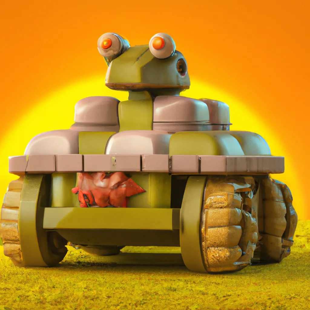 Prompt: cute 3D render of a rounded war tank turtle in a clay style, standing on a yellow colored brick block, a frontal view, colorful forest background, substance 3d painted, blender, glossy texture, volumetric lighting, high resolution, trending on behance.net, by nintendo