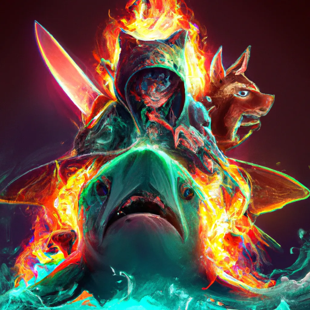 Prompt: Cool Anime character, a cute bear with green eyes wearing a hoodie and riding a megalodon shark, Synthwave, wrapped around with fire, a character portrait by Andrei Kolkoutine, Artstation, sots art, 2d game art, quantum wavetracing, dark and mysterious By Laurie Lipton, Zdzislaw Beksinski