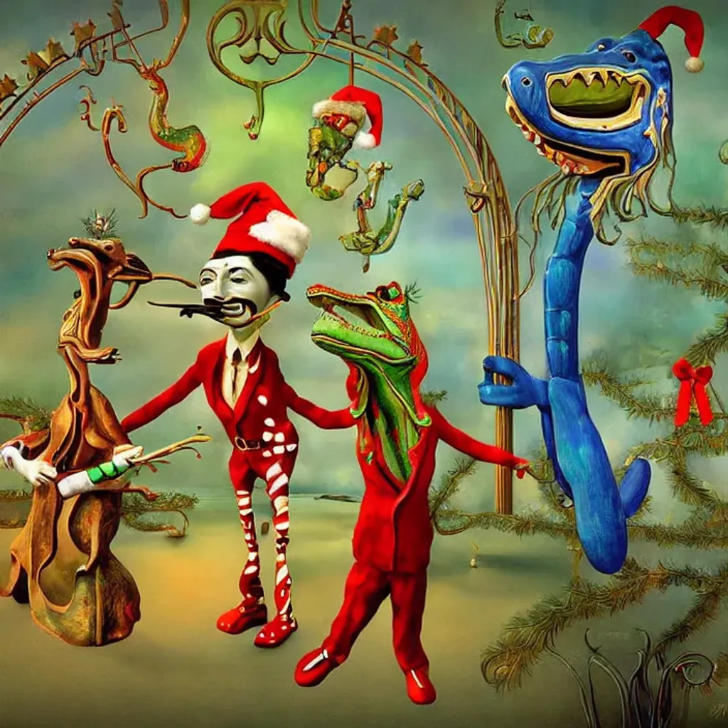 Prompt: digital art, art nouveau painting, by Salvador Dali, Christmasin the Bayou, Anthropomorphism alligator band, Christmas decorations, cinematic colors, cheery, fantasy, cgi, rendered in maya