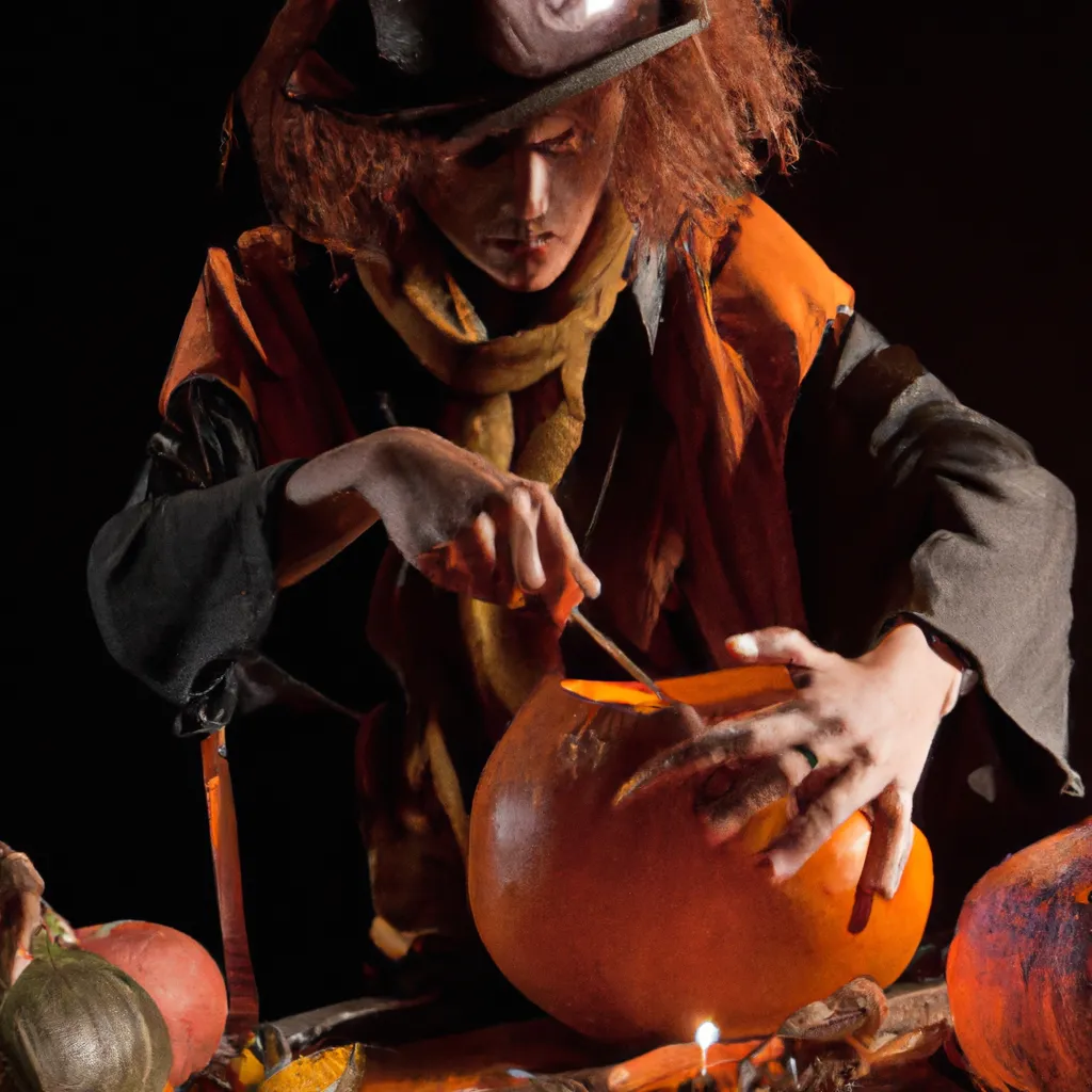 Prompt: A photo of a witch carving a pumpkin