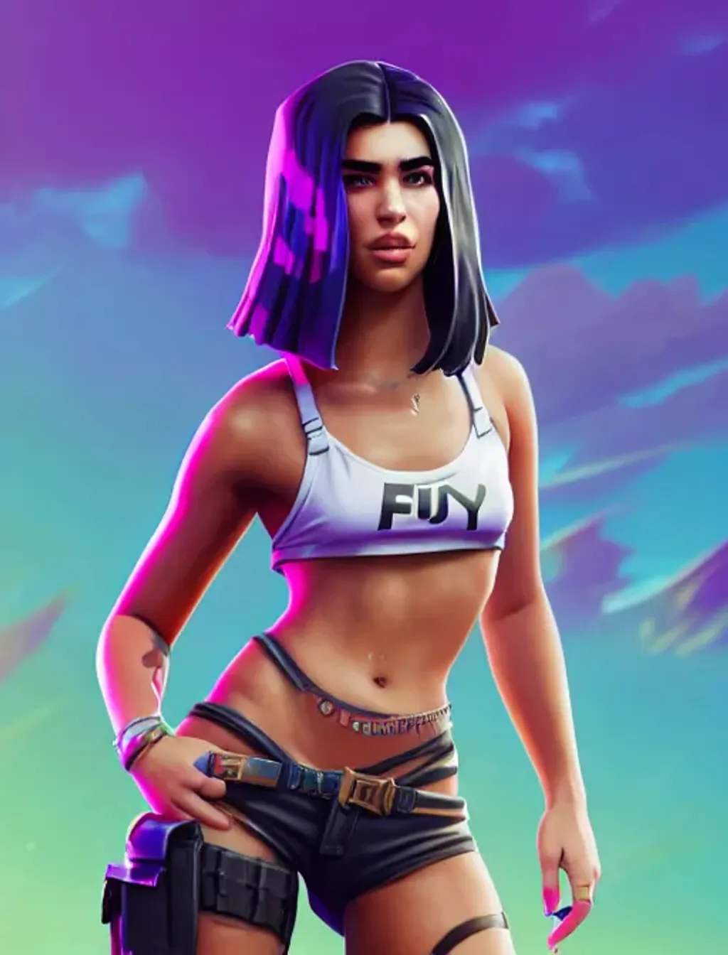 Prompt: Professional full body portrait of {Dua Lipa as a Fortnite skin} with cute face and tiny bikini, {post-apocalyptic Fortnite background}, perfect composition, hyperrealistic, super detailed, 8k, high quality, trending art, trending on artstation, sharp focus, studio photo, intricate details, highly detailed, by greg rutkowski