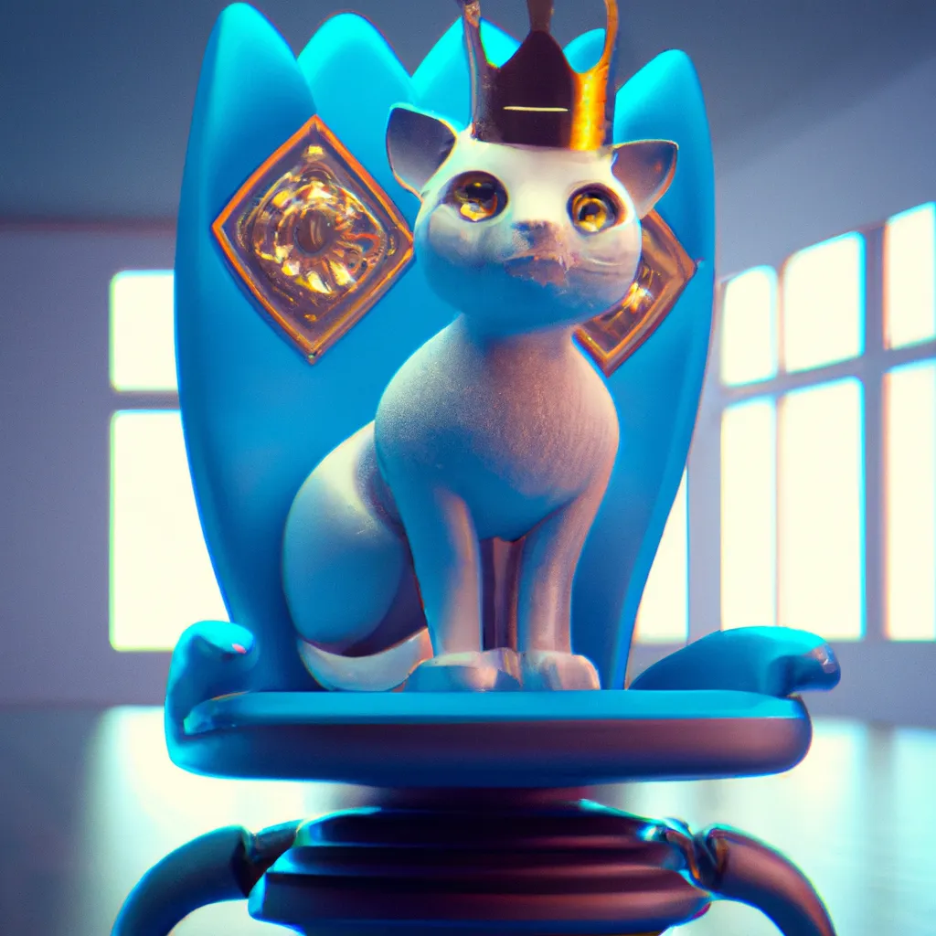 Prompt: Very cute Blender 3d rendered King cat with blue eyes, sitting on a techno throne, trending in artstation, detailed, studio quality, Rays of Shimmering Light, Cinematic Lighting