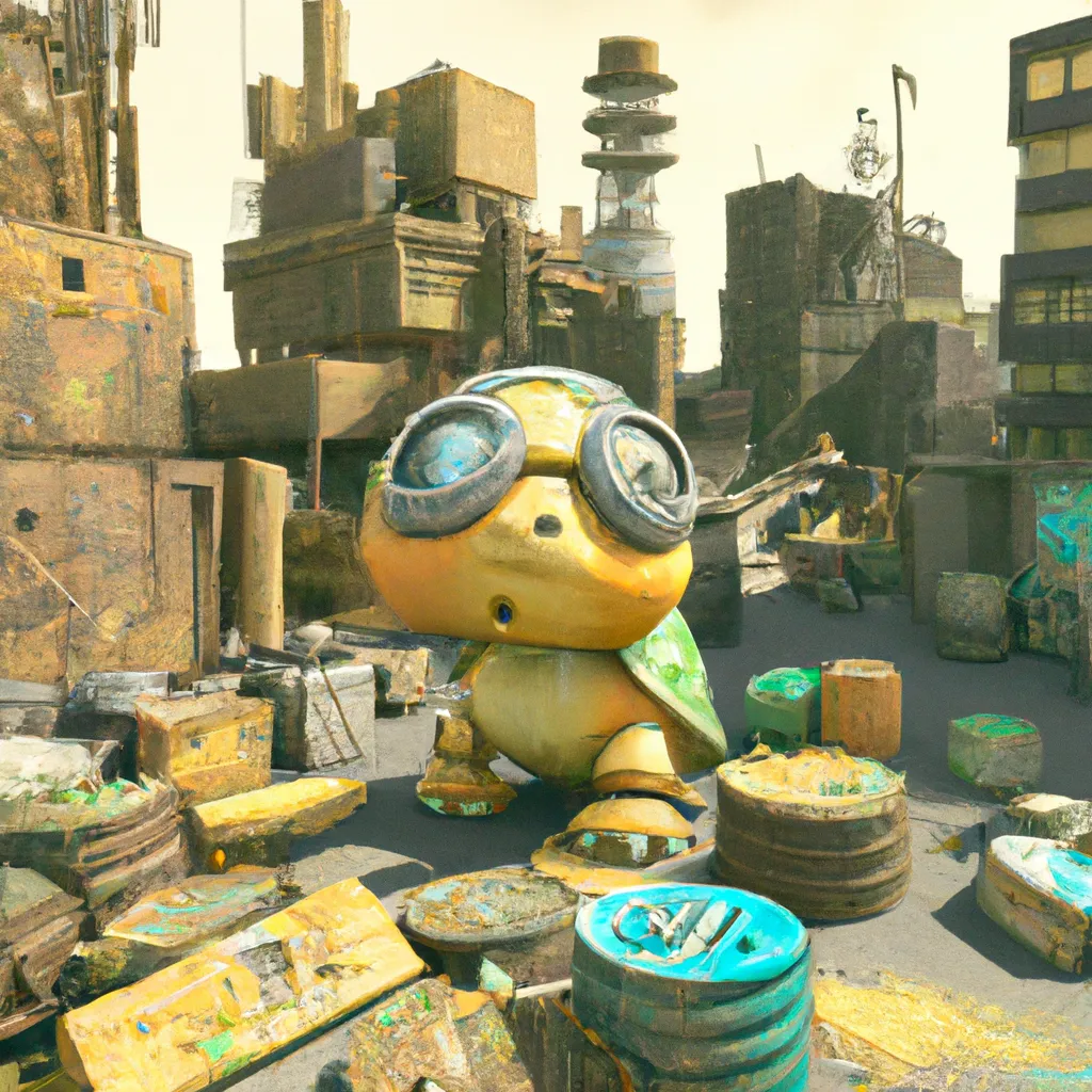 Prompt: 3D render of a cute dystopian junkyard with a yellow colored turtle robot in a clay style, isometric view, new york ruined city background, substance 3d painter, blender, smooth texture, Volumetric lighting, high resolution, trending on behance.net, by Nintendo