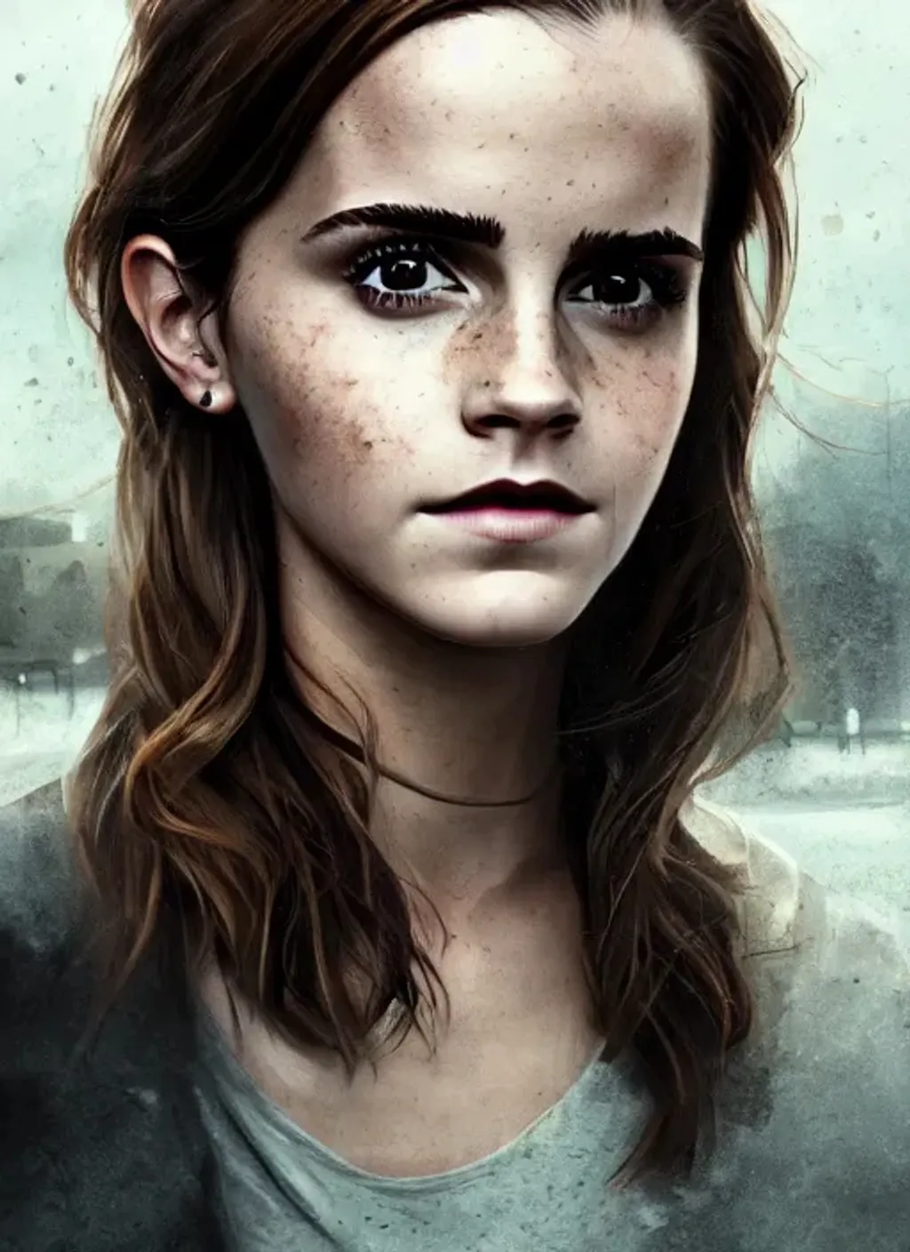 Prompt: Portrait of emma watson with brown hair and with cute face, abandoned city, perfect composition, hyperrealistic, super detailed, 8k, high quality, trending art, trending on artstation, sharp focus, studio photo, intricate details, highly detailed, by greg rutkowski