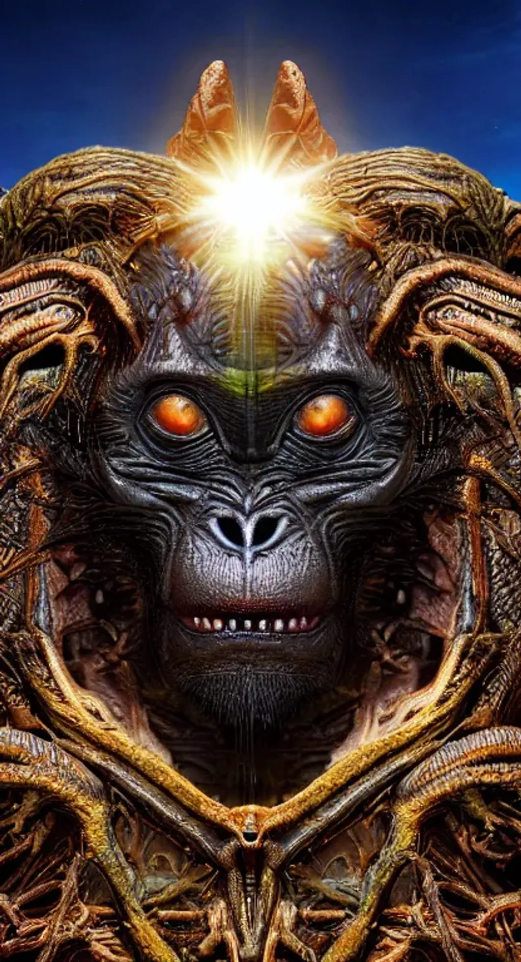 Prompt: alien primate  raking sunlight, Intricate detail, deep color,  intricate detail, photorealistic