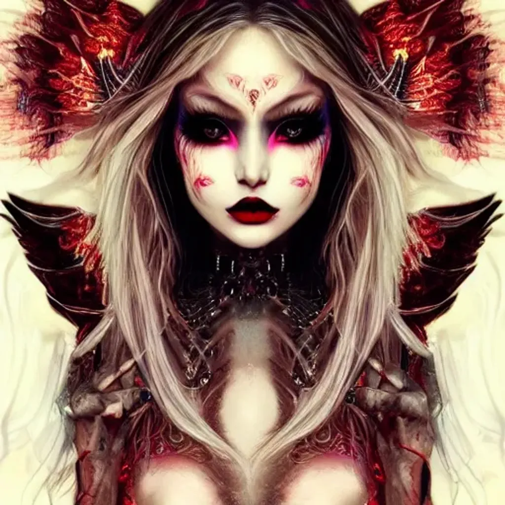 Prompt: highly detailed beautiful female demon, beautiful blonde hair, black skin, red symmetrical eyes, glowing long black wings, luminescent, otherworldly, high fantasy art, iridescent colors, ethereal aesthetic, fashion photography, intricate design, Fea element, detailed shiny hair, whimsical, atmospheric, dynamic lighting, photo realistic, cinematic lighting, intimate lighting, vulnerable lighting, calm, fantasy character, award winning masterpiece