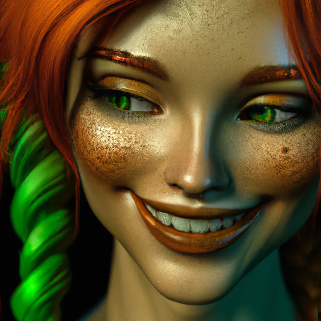 Prompt: portrait shot of a BJD 3D solarpunk, bloodyfaster, golden ratio, ultra realistic, 16k, trending, detail, Daz Studio, Genesis 8.1 Female, face recognizably human, teal hair with tendrils, green lipstick, orange eyeshadow, coy smile, smirk, freckles