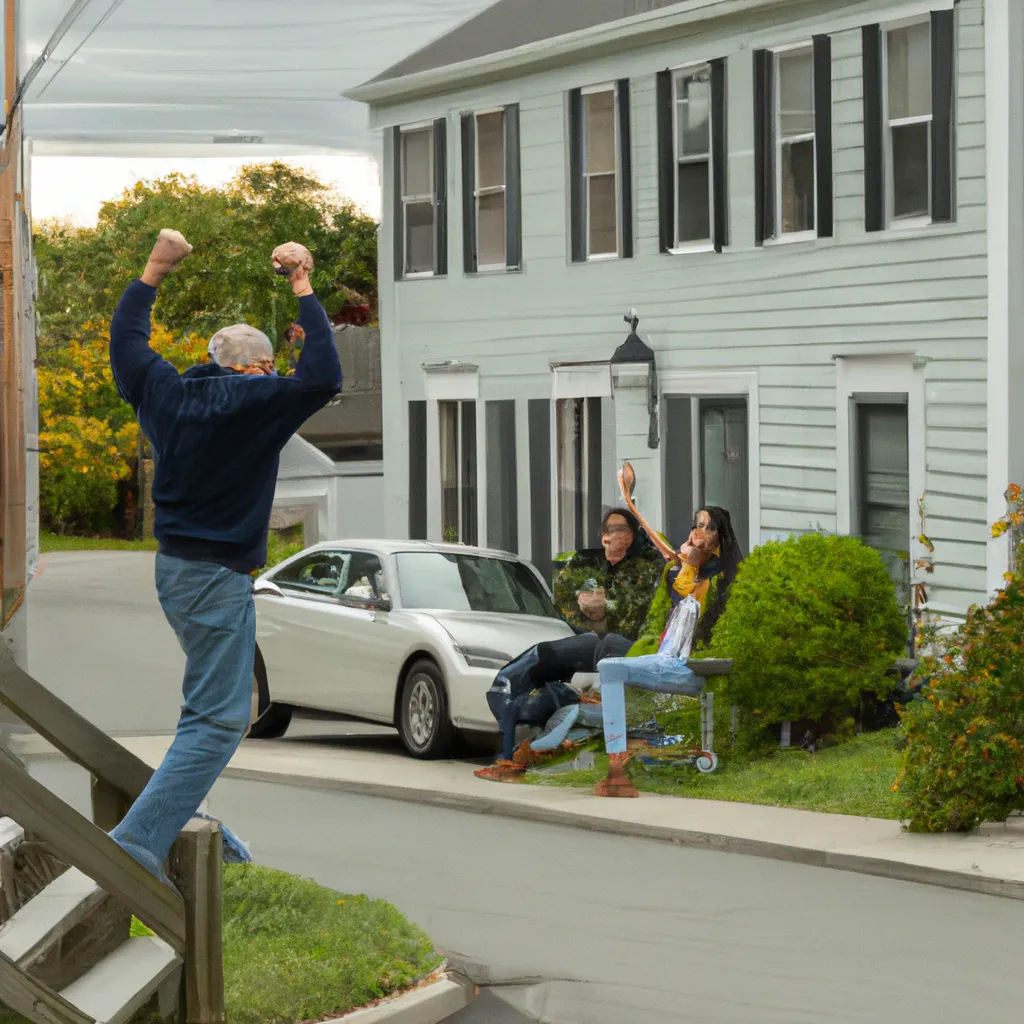 Prompt: A long shot photo of A wrinkled 70 year old angry man sitting on his porch raising his fist in the air and yelling at 3 teenagers playing in the street 