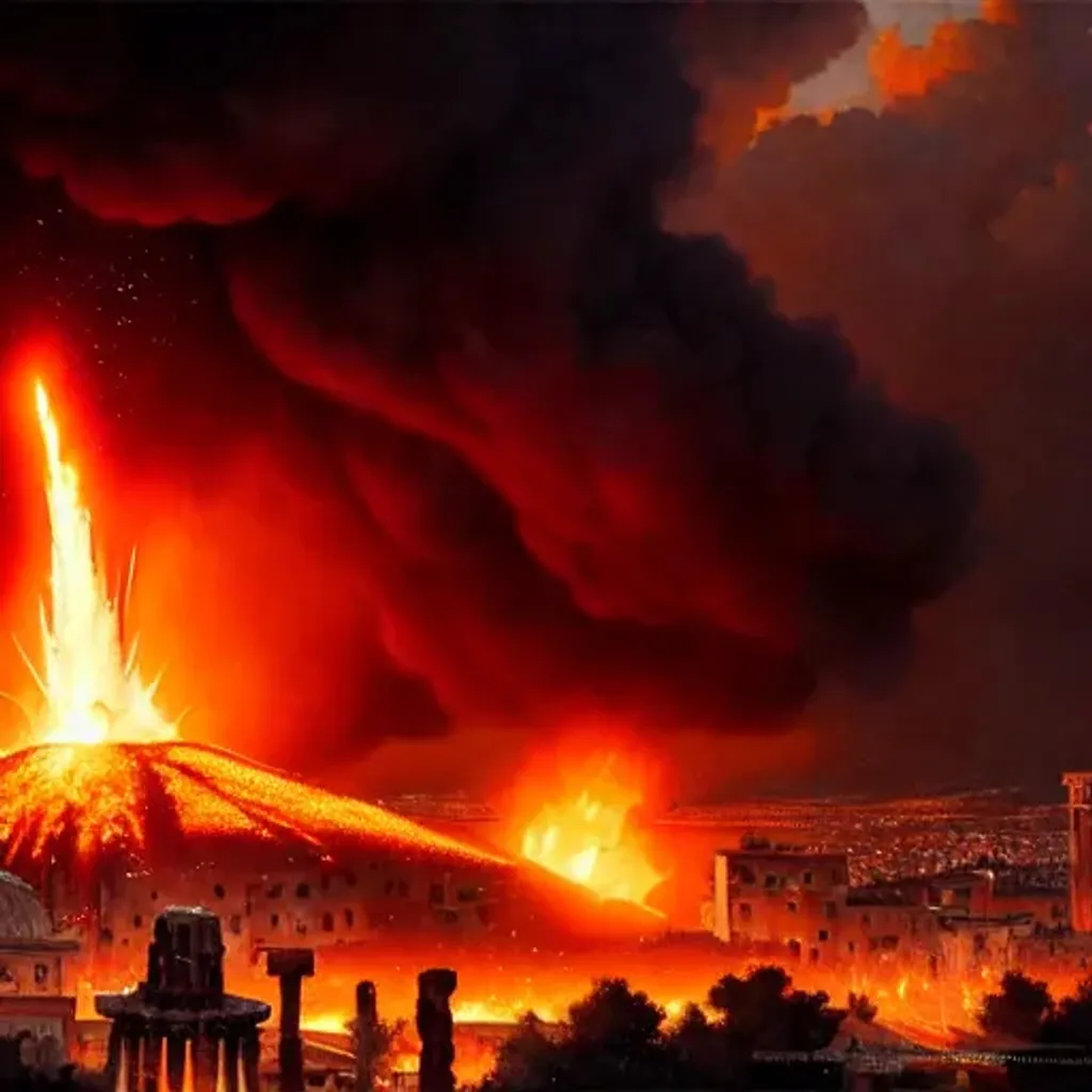Prompt: closeup of a massive fireball impacting the the city of Pompeii, buildings exploding in background, intricate, elegant, highly detailed,  painting, artstation, concept art, smooth, sharp focus, illustration, art by artgerm and greg rutkowski and alphonse mucha, 8k