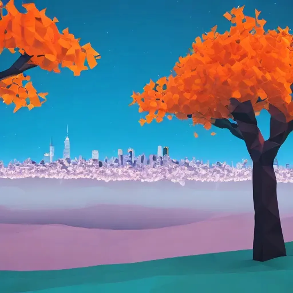 Prompt: three low poly cherry blossom trees on a hill in autumn at night, with city skyline in the background