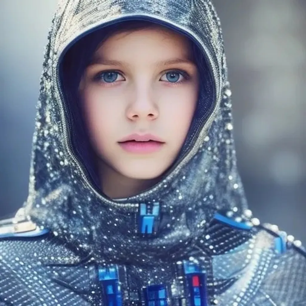 Prompt: cute girl, beautiful {russian} child girl from another civilization and race, dressed in cute soft transparent silver clothing with  geometric symbols, standing on the spaceship, {{{Multidimensional reality}}}, {{{parallel worlds}}}, {deep blue eyes with ultra details}, {deep blue eyes with light reflections}, {{{ultra high blue eyes render details}}}, {{{modest shy smile}}}, ultra-realistic soft lighting, {smooth soft skin}, sharp eyes, beautiful intricate {white hair}, natural color of lips, symmetrical face, anime wide blue eyes, soft lighting, cute smile, {eyes with reflection}, bright soft light from the behind, {5 fingers with ultra high details and render quality}