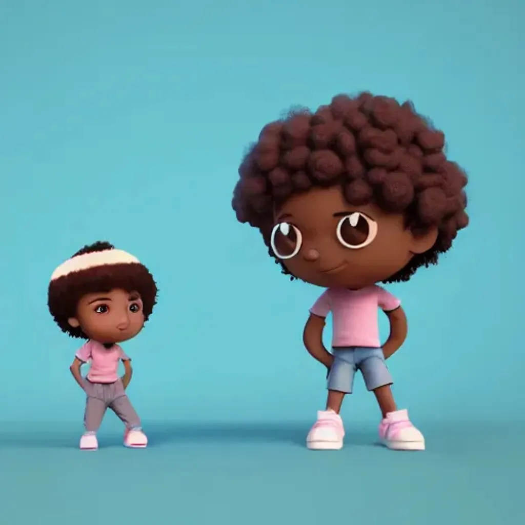 Prompt: Cute sad brown skin boy toy, curly hair, 
standing character, soft smooth 
lighting, soft pastel colors, 
skottie young, 3d blender 
render, polycount, modular 
constructivism, physically based 
rendering, square image
