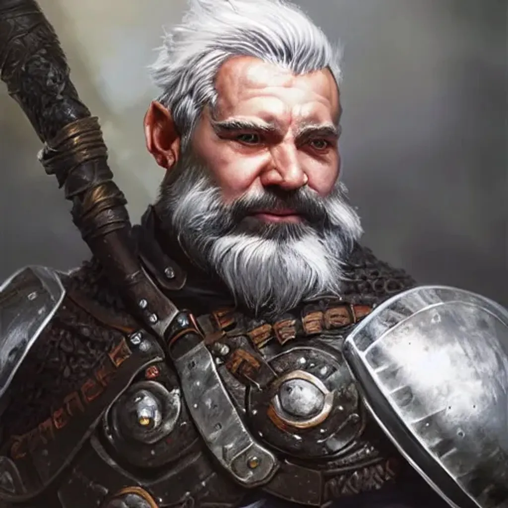 Prompt: portrait of a fantasy dwarven man with short white hair and beard wearing a black breastplate armor, patches of rocklike skin, detailed, upper body, Greg Rutkowski, Charlie Bowater, unreal 5, DAZ, hyper-realistic, octane render, RPG portrait, dynamic lighting, fantasy art, 