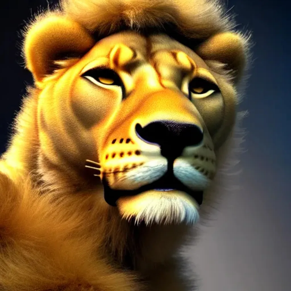 3d fluffy {shiny metallic golden lioness}, proud and