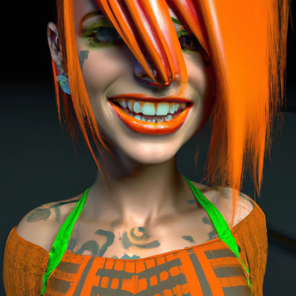 Prompt: Zbrush NURBS UV mapping image, two thirds body shot of a BJD 3D solarpunk, nina kraviz, ultra realistic, 16k, trending, detail, hair by Peter Chung, Daz Studio, Genesis 8.1 Female, orange lights, face recognizably human, teal hair, green lipstick, orange eyeshadow, cute teeth, gentle smile, nose ring, plump lips, cyberpop outfit