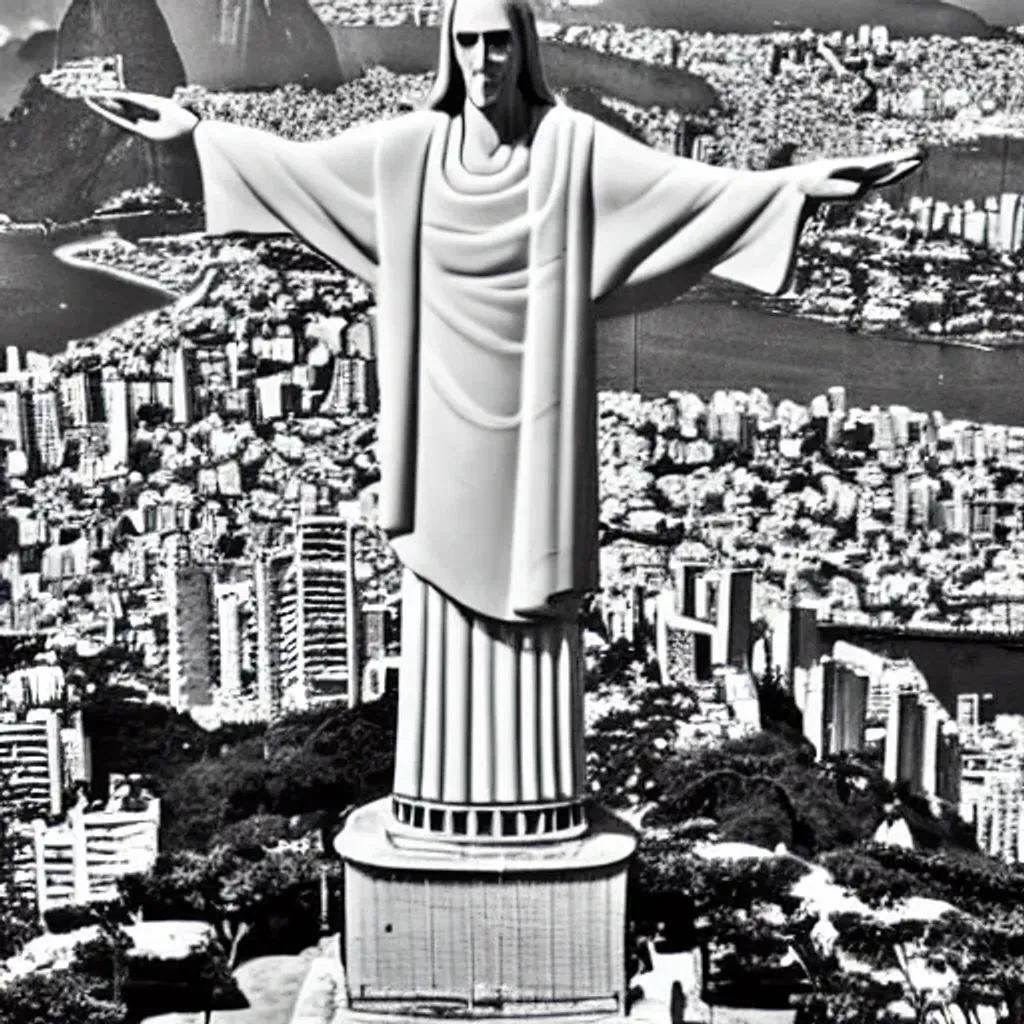 Prompt: a black and white pimage of christ the redeemer in  rio