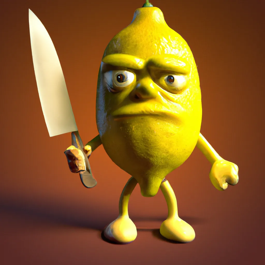 Prompt: An anthropomorphic lemon wearing a tattered suit, angry, holding a knife, 3d render by pixar.