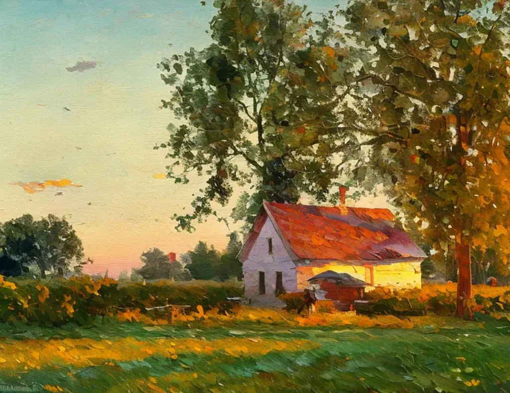 Prompt: beautiful landscape by Winslow Homer house in a village, summer evening, sun is going down golden hour, warm color palette, natural lighting, soft light, artstation high detailed, melancholy pastel art, oil on canvas by ivan shishkin and leonid afremov