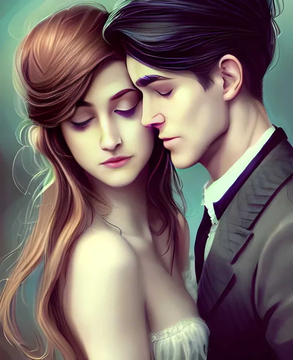 Prompt: He always knew she was the one  dapper man handsome with beautiful hair and brown eyes, a smile to take your breath away. Cute and mine from the first meeting until the end of time in the art style of Charlie Bowater and Gabrielle Ragus Eathly pleasures Male and female druidic dryads 16k dop dof clear faces image by WLOP King & queen of nature, a crown of wood, youthful, attractive, artgen, flowing hair, portrait, muted colors, artstation tokyo punk, pop star, spice man & girl, bone groom &bride, punk prince & princess, beautiful goth boy & girl in macabre outfits, goth asthetics, skull, dark fariytale, bespoke unique beauty. Concept art