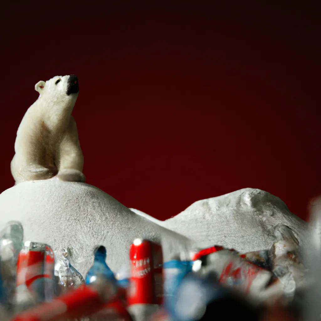 Prompt: a lonely hungry skinny sad polar bear on top of the coca-cola garbage pile,  global warming, a dramatic photo depicting how plastic pollution affects the animal world, a coca-cola garbage patch island on the ocean, wide angle lens,  award-winning photography, sheer porcelain figure
