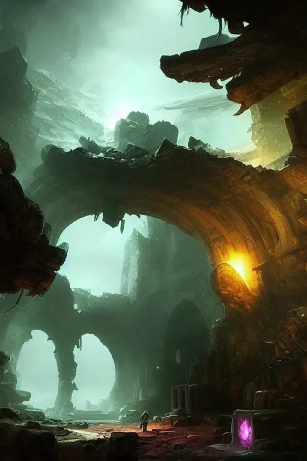 Prompt: underground ruins landscape magical, digital art, concept art, by Aleksi Briclot, antipodeans, protogen, league of legends arcane