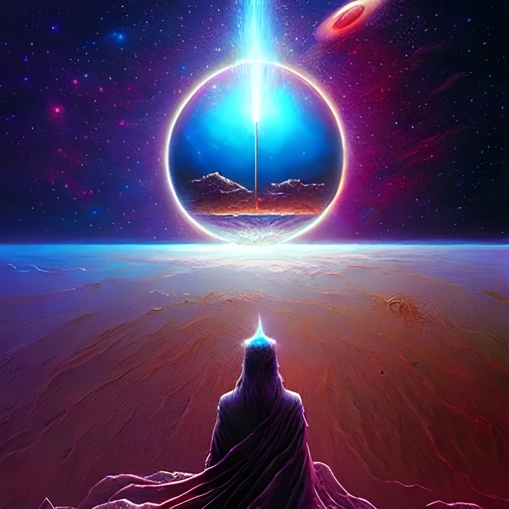 Prompt: Universal Time 64k resolution holographic astral cosmic illustration mixed media by Dan Mumford Greg Rutkowski Zdzisław Beksiński Epic cinematic brilliant stunning intricate meticulously detailed dramatic atmospheric maximalist digital matte painting galactic space