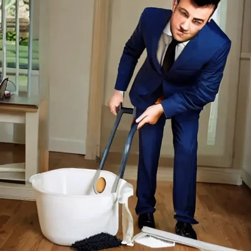 Prompt: Tidying handsome guy in a suit doing chores cool realistic