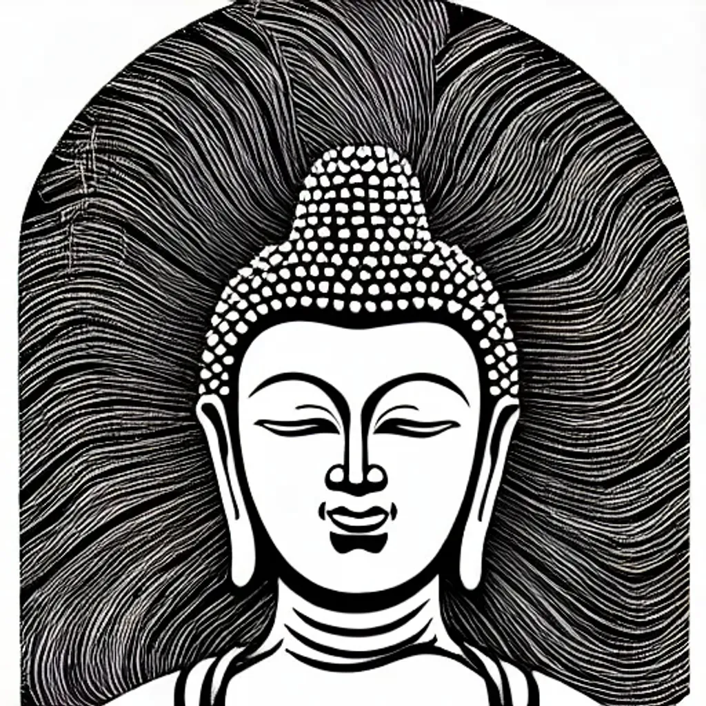 Prompt: Buddha, Illustration, Ink, Site-Specific art, Tones of Black, Monochrome, Black and White, High Contrast, 2-Dimensional, 2D, Line, Spirangle, Happy, Opaque, Tornado, Cartoony, Black and white stripes