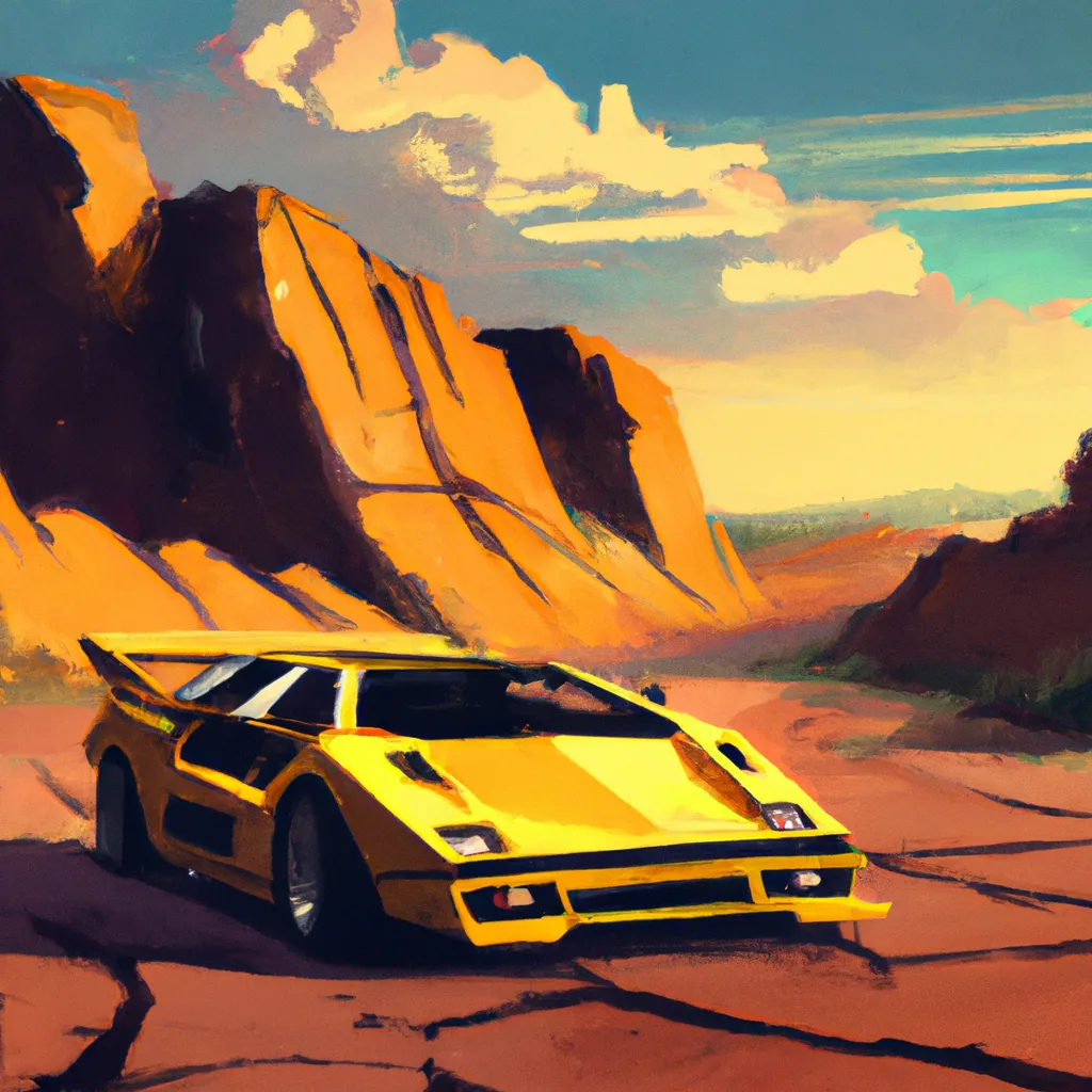 Prompt: Yellow Lamborghini Countach LP400 in eroded badlands during beautiful sunset, digital painting