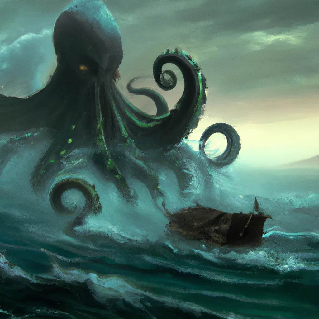 Giant Cthulhu destroying a ship in ocean, painting b... | OpenArt