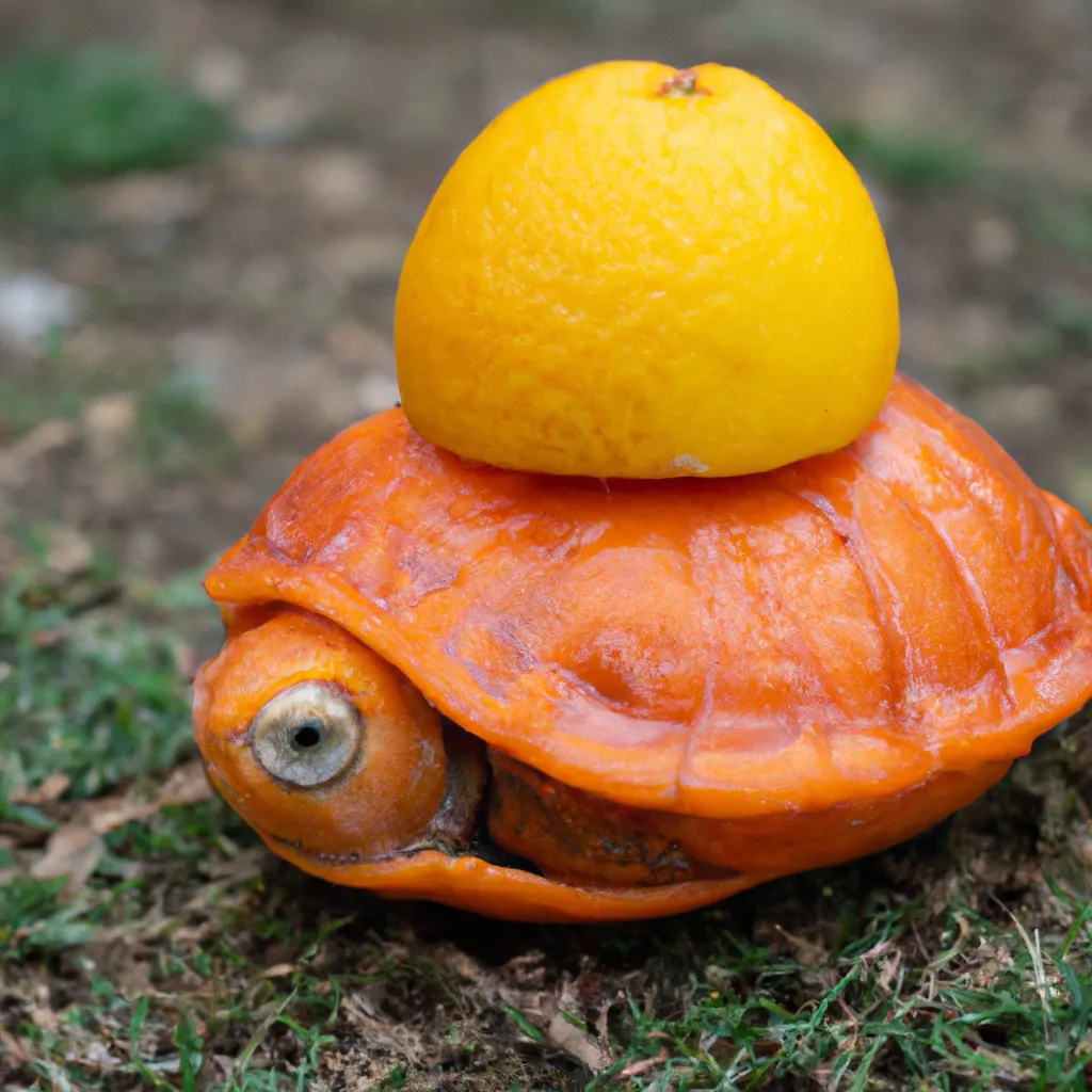 Prompt: An orange turtle with a shell made from lemons, sigma, f/8, rule of thirds,50mm, nature photograph, 8k, award winning photography