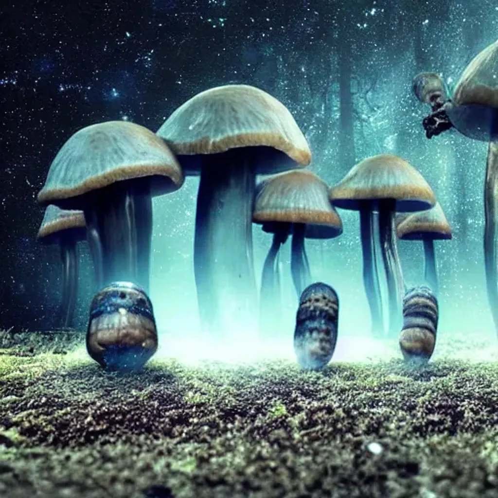 Prompt: Humanoid alien mushrooms moving wierd 