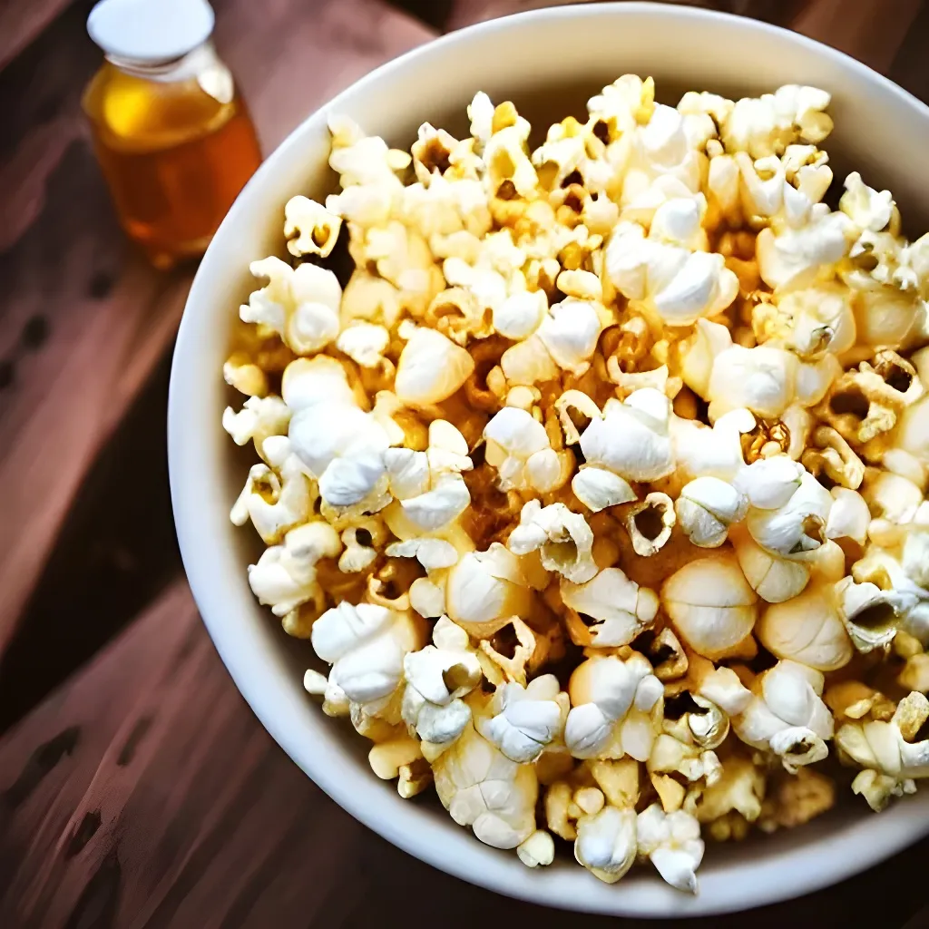 Prompt: hd food photography of one enormous gigantic bowl of popcorn with dripping honey. ethereal stunning cafe background, pure perfection, cozy afternoon, intricate detailed popcorn with honey melting, 8k, symmetrical, best selling, foodie, instagram, shimmering! ✨🍿 