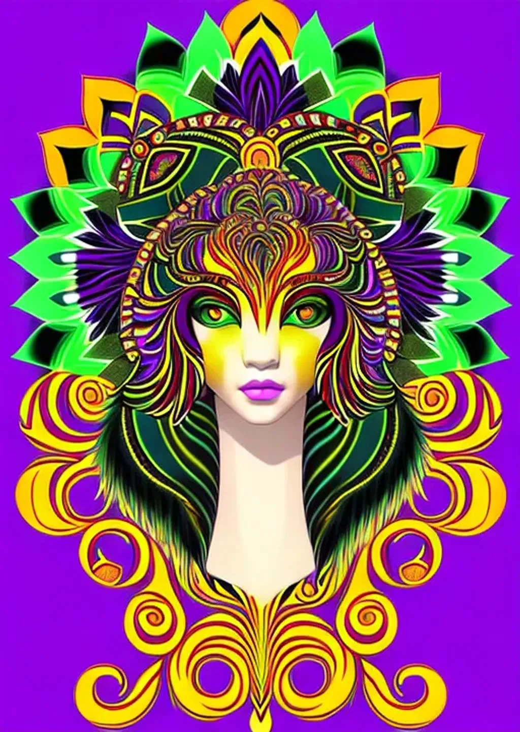 Prompt: Awesome tiger cherub shapeshifter fursona, green yellow red purple eyes, humanoid, mal’akh, very long luxurious hair, glowing headdress, sinusoidal striped fur, furaffinity, in the style of Daniel Merriam, fantasy swirls, starfires, background is a beautiful fractal mandala, in the style of Mandelbrot, Möbius, volumetric swirling mist, detailed and intricate, elegant aesthetic, ornate, artifact, otherworldly, perfection, awesomeness, glee, volumetric lighting, purple red charcoal blue, cinematic, 128K UHD, Unreal Engine 5, pi, fractal, fBm