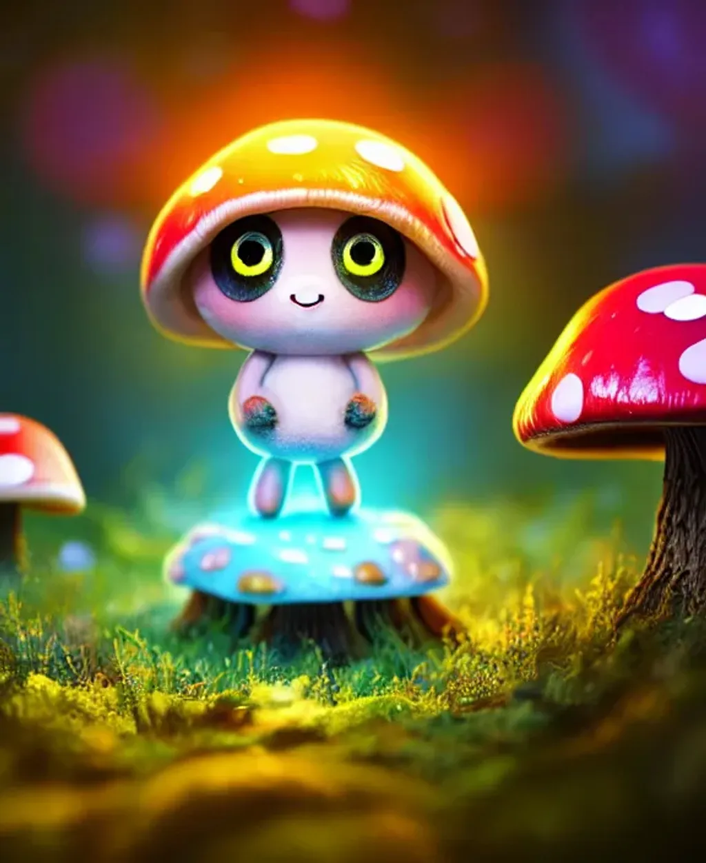 Prompt: cute kawaii creature made from a mushroom, large anime eyes, concept character, bokeh effect, magical lighting, weed, lsd, beautiful glowing lights, bio-luminescence, stunning, intricate, hyperdetailed, 32k poster art, octane render, hyperion render, professional realistic matte painting by pixar, luke chueh, matt dangler, centered