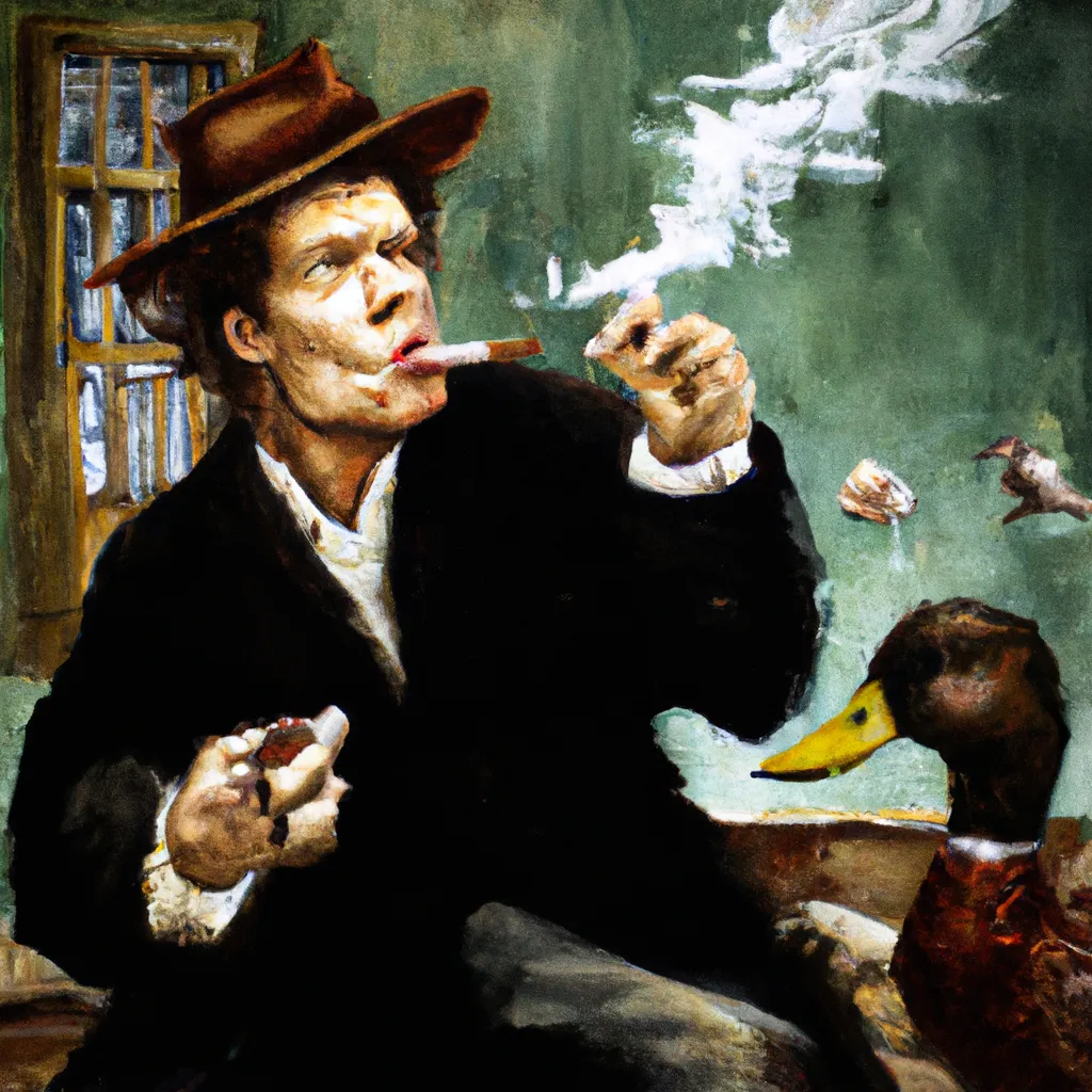 Prompt: oil painting of tom waits smoking cigar with a duck