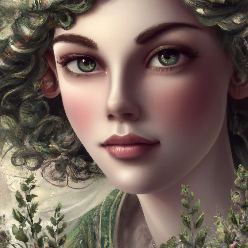 Prompt: art nouveau, highly detailed, very beautiful face perfect nose, pink lips, large green eyes, lovely angel with soft curly auburn hair, filigree arch, fantasy, intricate, elegant, hydrangea blossom weeping willow full moon highly detailed, digital painting, artstation, concept art, smooth, sharp focus, illustration, art by artgerm and alphonse mucha, rendered in maya 