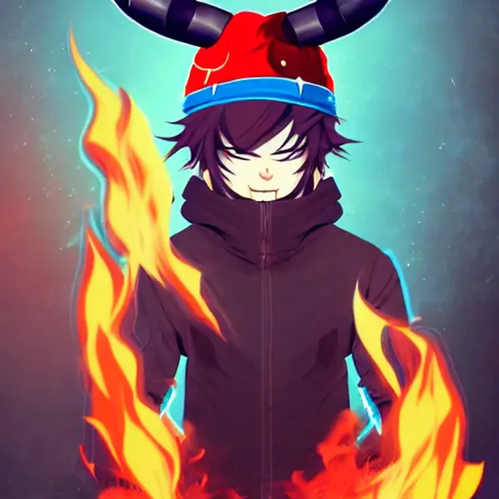 Prompt: A cool Anime character, half cat half minotaur with blue eyes wearing a beanie, wrapped around with fire at a concert stage, a character portrait by Andrei Kolkoutine, Artstation, sots art, 3d game art, quantum wavetracing, dark and mysterious