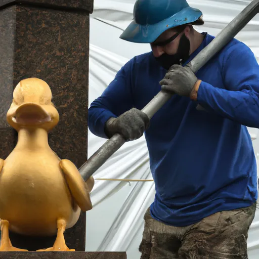 Prompt: A photo of one construction worker building a statue of the Aflac duck holding a sword