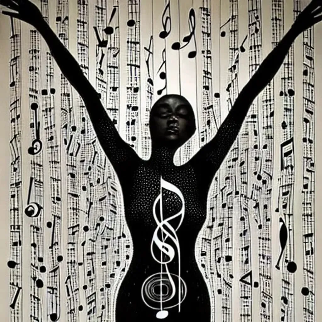 Prompt: what it feels like to be in love, Abstract surrealism depicting strong beautiful feminine figure, wrapped in thin see-through material, linear details reveal a symbology of clocks, numbers, letters and music instruments. Hyper-realism, fine and accurate lines. Art by Ole Aakjaer, surrounded by musical notes suspended in the air