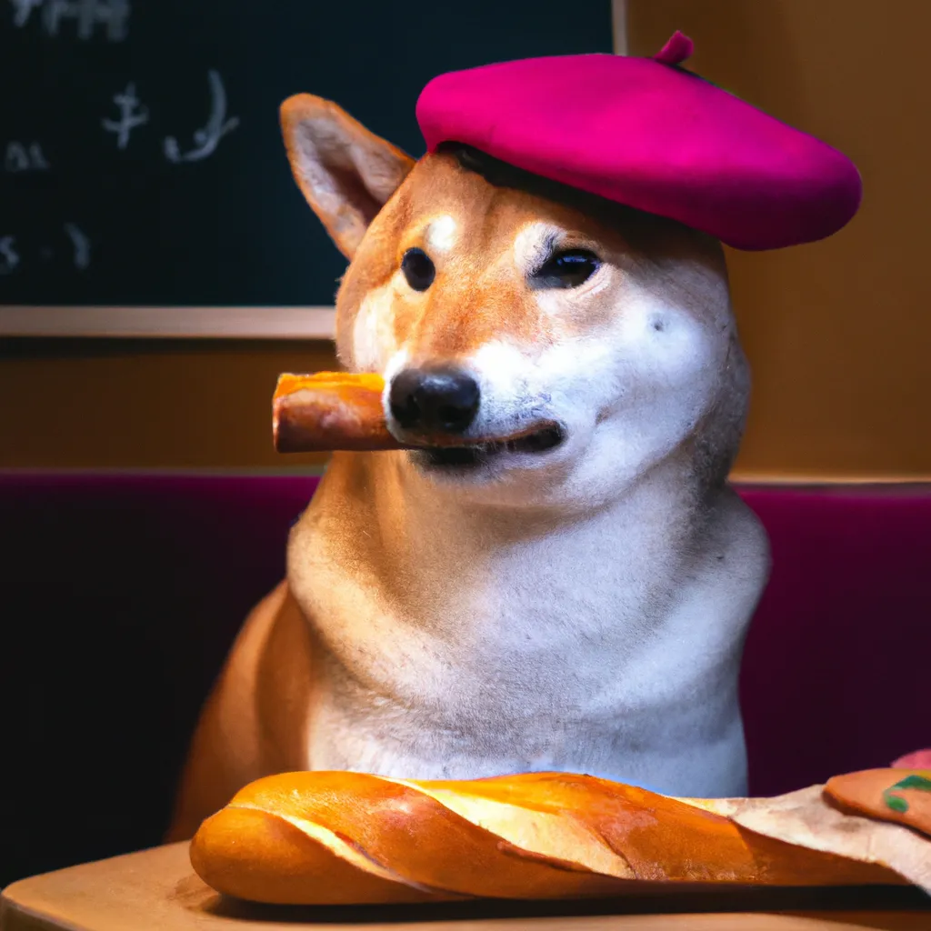 Prompt: a Shiba inu wearing a purple beret eating a baguette in a café, award-winning advertisement photography, studio lighting, shot with Canon 90D, Zeiss lens