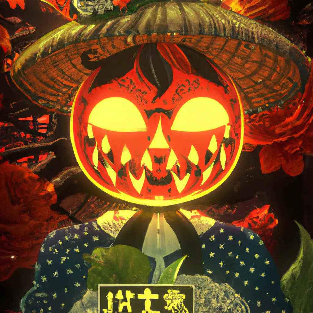 Prompt: Macabre Ukiyo-e comic book styled vintage risograph of a lit Dia de Los muertos Jack-o'-lantern wearing a witch hat,red spider lilies bloomin,bubbles,eclipse,4K,moody,award winning, trending on art station,goofy funny spooky scary mysterious halloween horror vibe, intricate details,digital art,incredible design,emotive,unreal engine 5 render,octane render,dia de Los muertos 