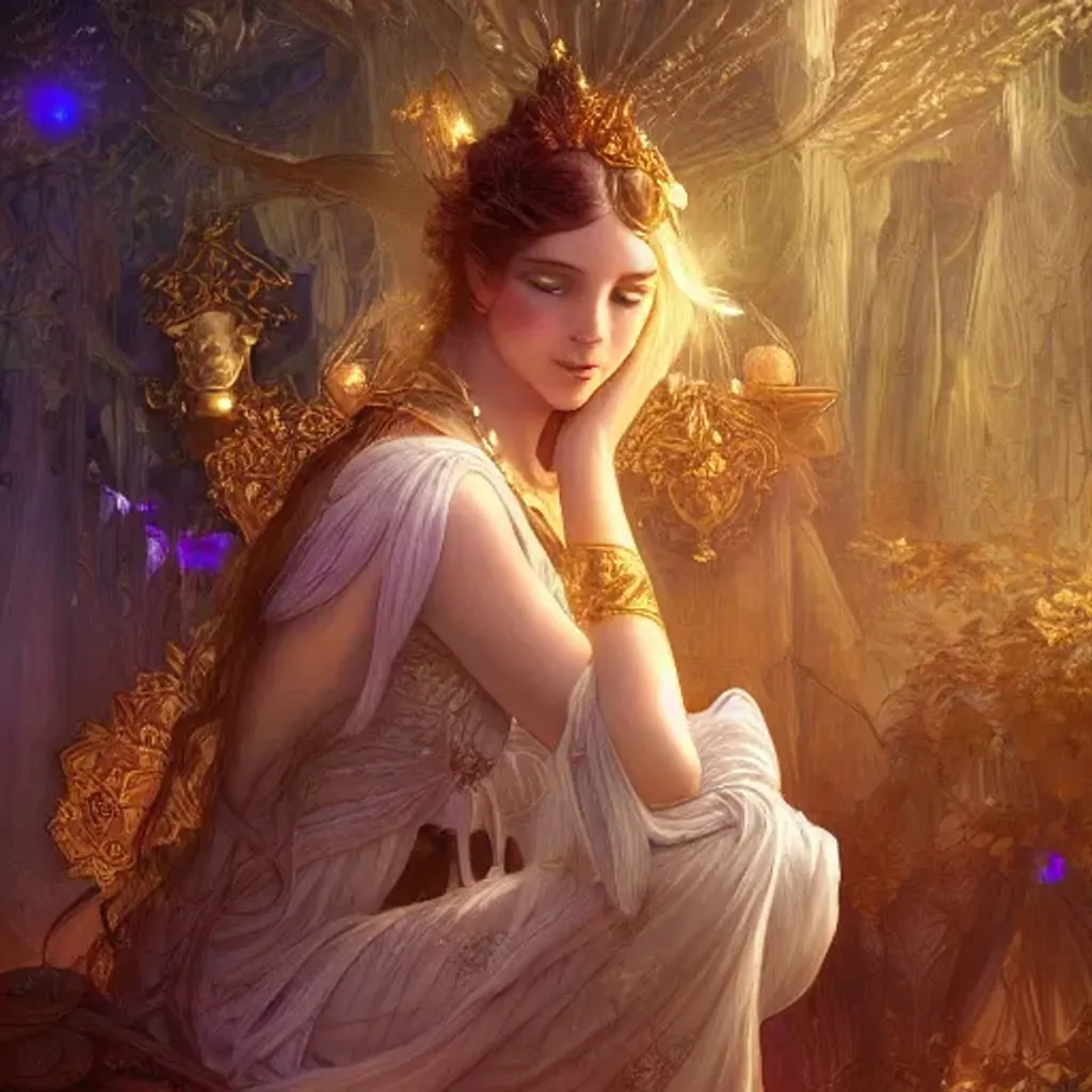 Prompt:  Magical goddess, clairvoyant 8 k, deep focus, fantasy, intricate, elegant, highly detailed, digital painting, artstation, concept art, matte, golden lighting in clear
 focus, illustration, hearthstone, art by artgerm and greg rutkowski and alphonse mucha Josephine wall matesse