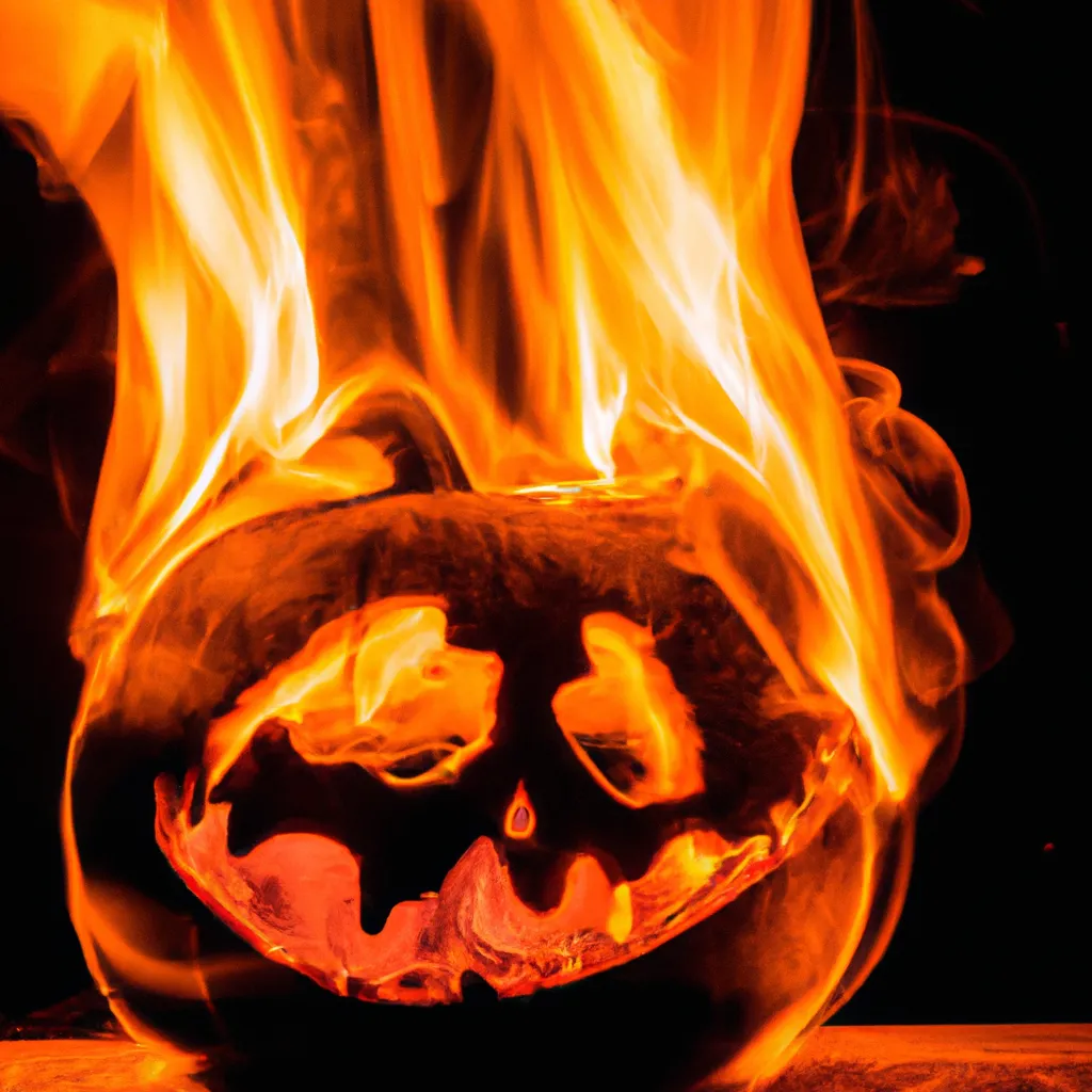 Prompt: A creepy and wonderful horror jack o' lantern with fire in the head and Halloween mood