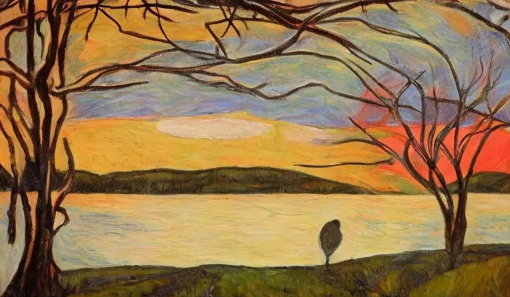 Prompt: landscape in edvard munch style, trees, lake, red sky, big sun, winding road, bushes, two birds