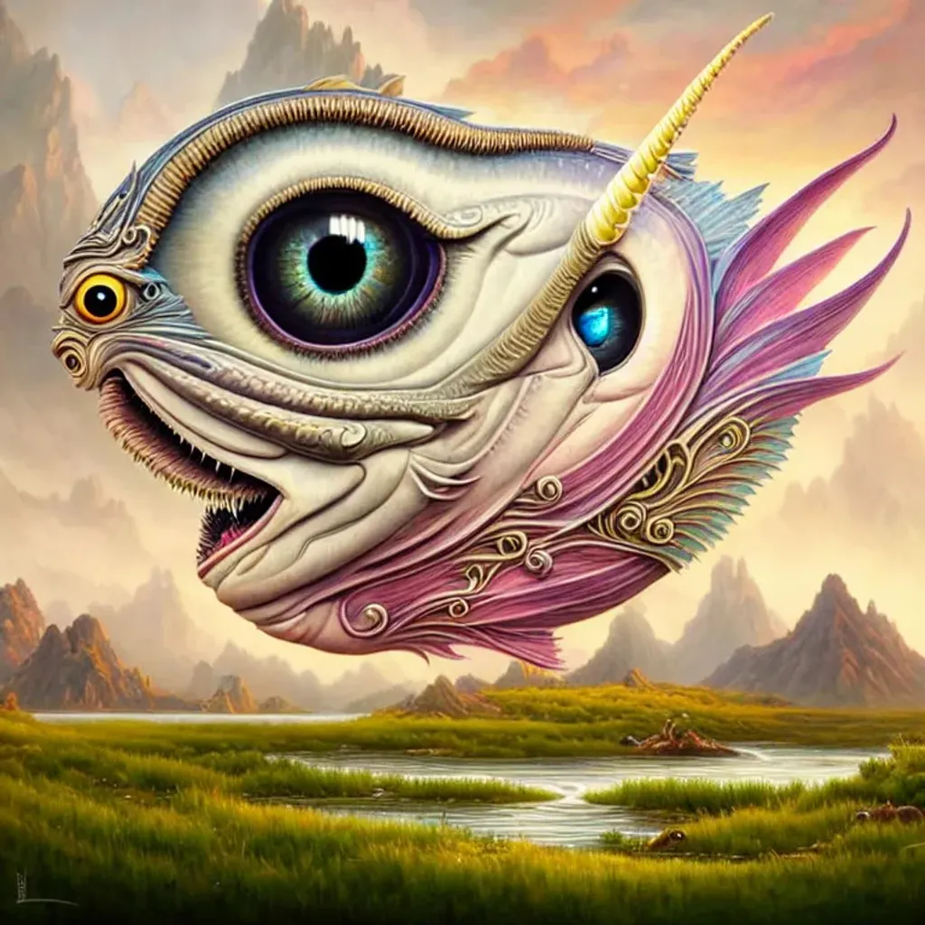 Prompt: Large one eyed unicorn morphing into a fish creature, beautiful fighter fish fins, delicate and intricate detail, swirls of color, cinematic, hyper detail, intricate details, mountian stream in the background, colorful, fun, intricate, fine art 8k, by jason limon, by naoto hattori