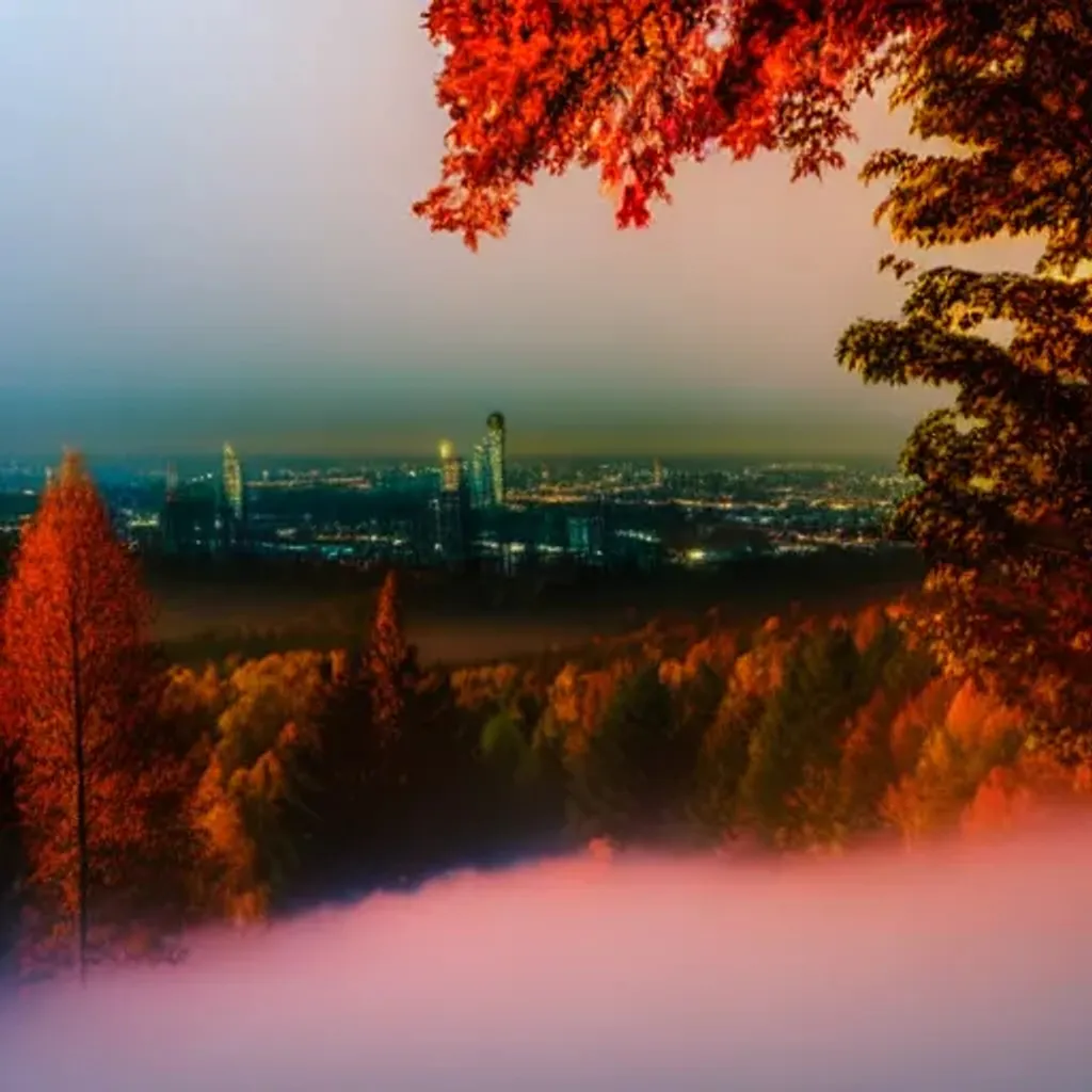 Prompt: autumn covered forested hills with city in the background, at night, soft colors, liminal fog