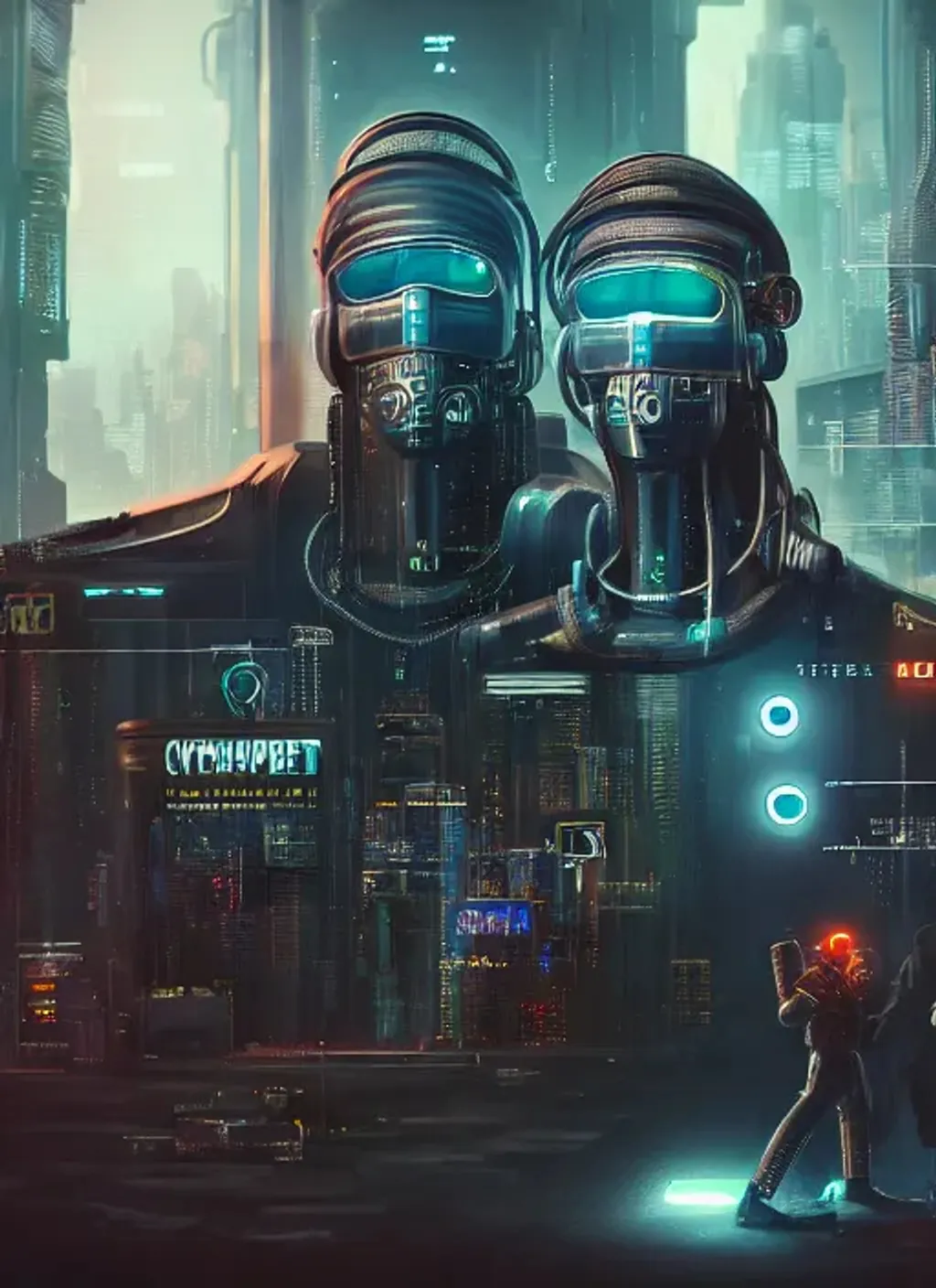 Prompt: Extremely detailed portrait of  cyberpunk old robotic cops, extremely detailed  cyberpunk street hyperrealistic background , 8k, high quality, concept art, trending on artstation, sharp focus, studio photo, intricate details, hyper detailed